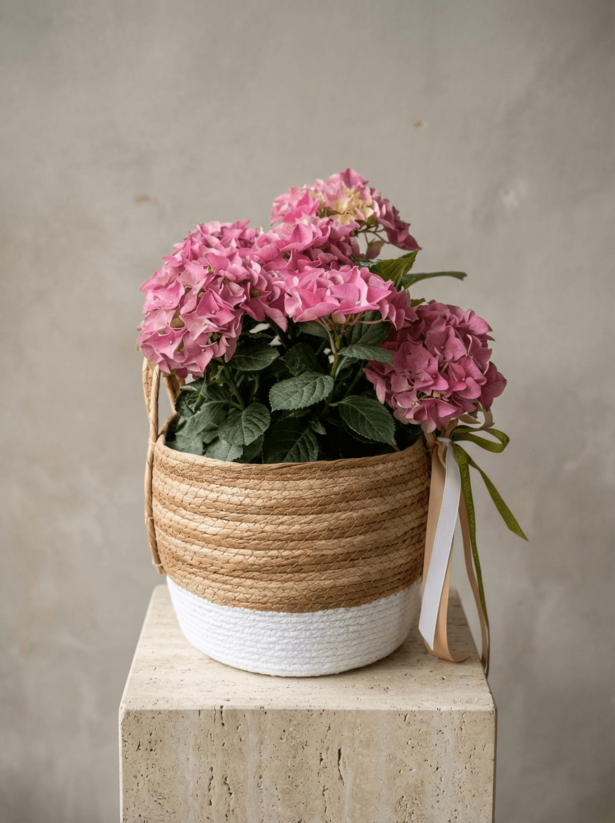 Blush Nest | Pembe Ortanca Hasır Saksı Aranjmanı 1 Blush Nest | Pembe Ortanca Hasır Saksı Aranjmanı